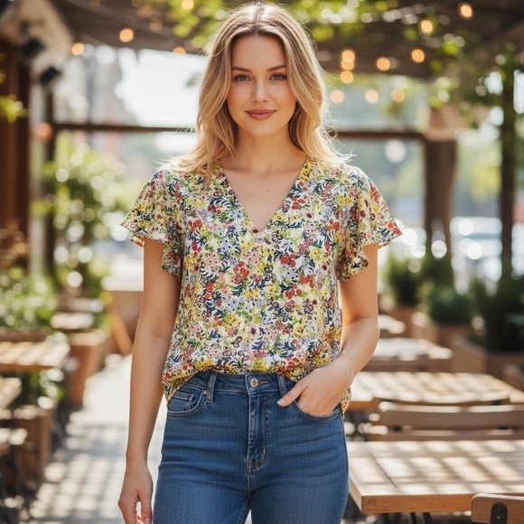 H&M Tops - H&M‎ Floral Flutter Sleeve V Neck Blouse Top Garden Feminine Cottage Romantic 4